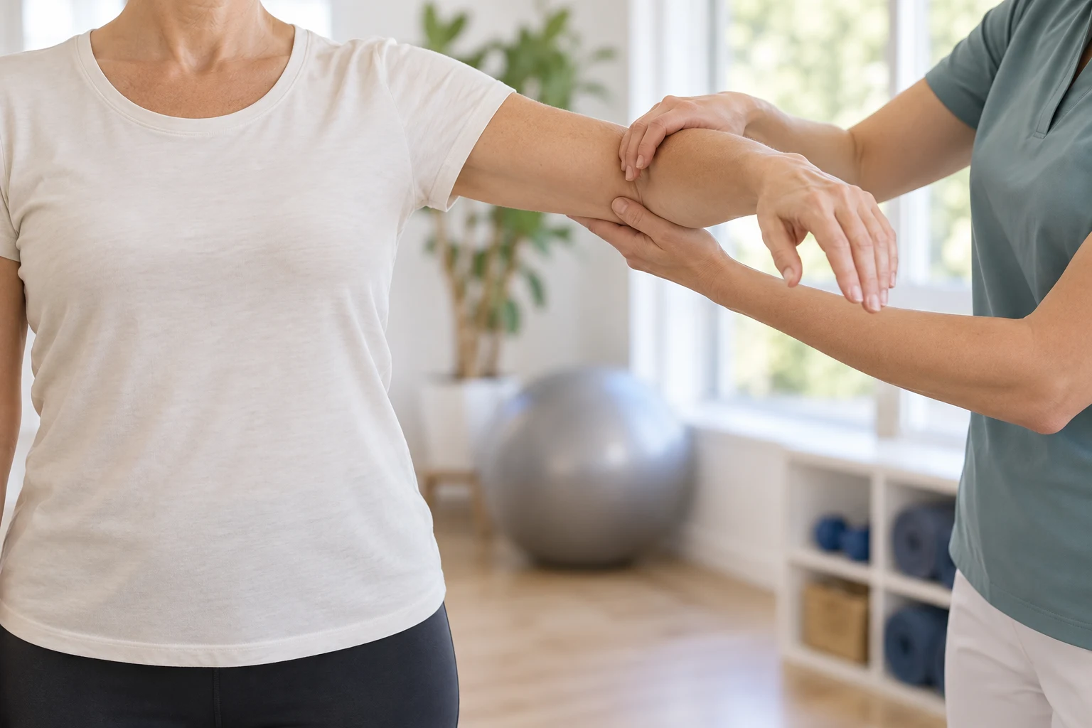 Illustratief beeld van een begeleide schouderoefening tijdens kinesitherapie
